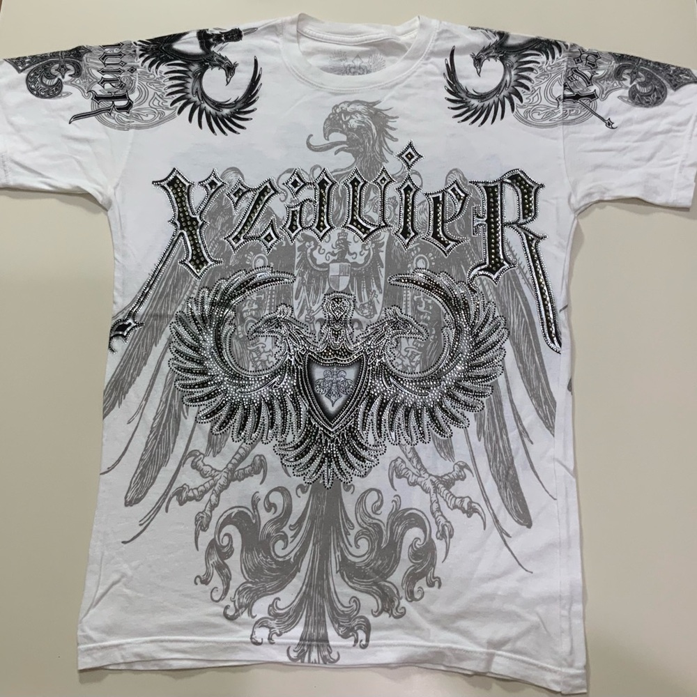 XZAVIER WHITE TSHIRT ON SILVER AMS BLACK LETTERING RHINESTONE EVERYWHERE